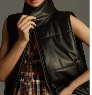 Anthropologie Faux Leather Puffer Vest Black Cropped Full Zip Pockets Size Small thumbnail 1