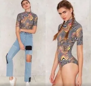 Jaded London RETRO 1990’S PSYCHEDLIC SWIRLY VIBE PATTERN BODYSUIT SMALL thumbnail 7