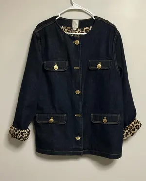 Maeve Anthropologie Dark Denim Gold Button Leopard Print Lined Jacket Size L thumbnail 1