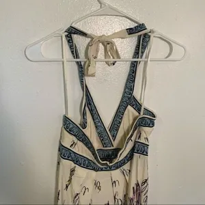 BCBGMAXAZRIA Women's Size XS Halter Sun Dress‎ Cream Blue Floral Surplice Neck thumbnail 9