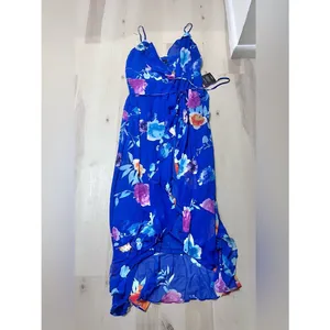 Lulus NWT Women Large Royal Blue Ladean Floral Print Ruffled Wrap Maxi Dress thumbnail 5
