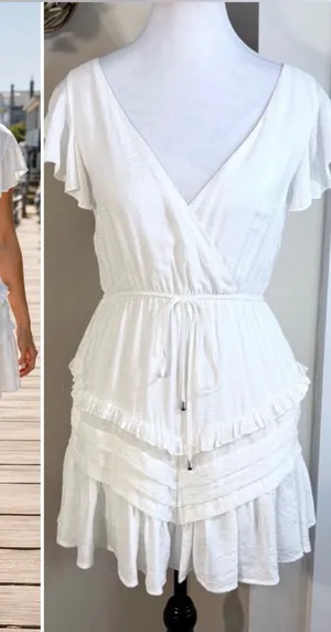 SAINTS & SECRETS White Ruffle Dress Waist Tie Open Tie Back Flutter Sleeve~M💚 thumbnail 1