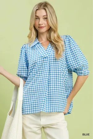 Umgee Gingham Puff Sleeve Collared Blouse - Blue -‎ Small thumbnail 1