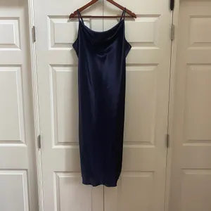 Y2K Bebe Slip Dress XL Navy Blue Cowl Neck Satin Midi Cocktail thumbnail 2