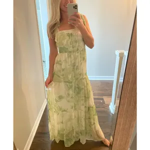 Line + Dot Green Tropical Maxi Dress MEDIUM Tiered Ruffle Cottage Vacation $115 thumbnail 6