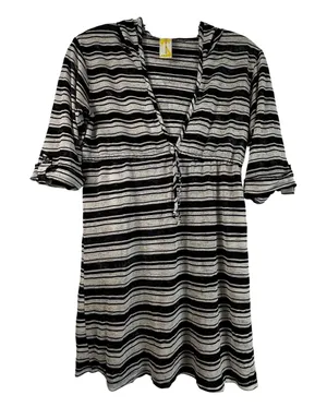 Lily Bleu Beach Striped Hooded Tunic Dress Black White Burnout Mini Coverup thumbnail 1