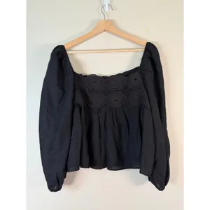 Free People Black Crochet Lace Inset Square Neck Whimsigoth Babydoll Blouse L‎ thumbnail 2