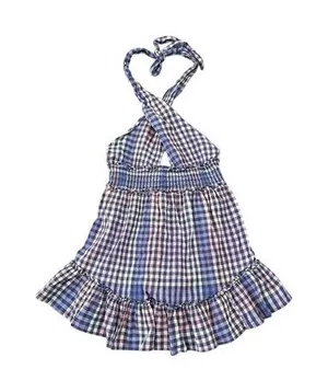 Aerie Halter Mini Dress Blue Pink Gingham‎ Plaid Smocked Waist Ruffle Hem Medium thumbnail 1