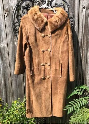 Vintage Suede Double Breasted Coat with Fur Collar M/L thumbnail 1