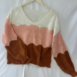 Colorblock Women Multicolor Puff Sleeve Color Block Pointelle Sweater Large thumbnail 1