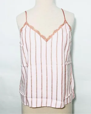 NWT Victoria’s Secret Striped Metallic Pink Flannel Lace V-Neck Cami tank thumbnail 3