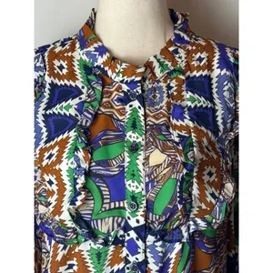Joy Joy Dress Women Medium Blue Green Abstract‎ Long Sleeve Ruffle Neck Mini thumbnail 6