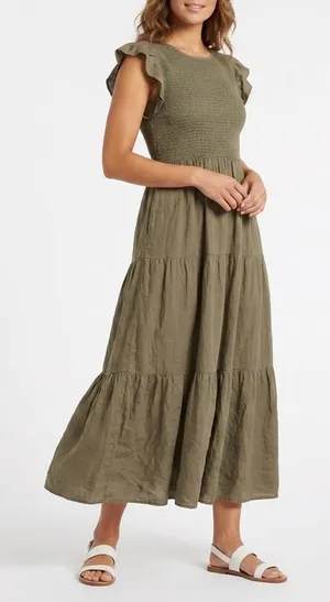 ZESICA Smocked Flutter Sleeve Tiered Maxi Dress Olive Green Large thumbnail 1