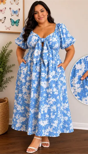 Blue & White Floral Textured Bow Front Midi Dress XXL NWT thumbnail 1