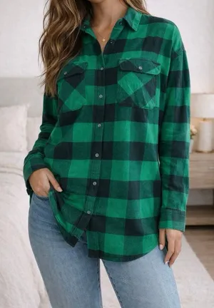 Aerie Green Plaid Flannel Shirt Button Down Cozy Oversized Top Size M thumbnail 1