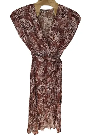 Rip Curl Dress Size Small Brown Ivory Floral Short Sleeve Wrap V-Neck Maxi‎ Boho thumbnail 1
