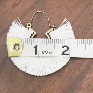 Fringe Tassel Fan Hoop Earrings Gold Tone White Boho Coastal Indie Sleaze Chic‎ thumbnail 6