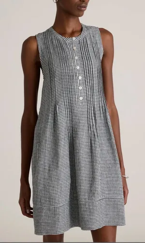 100% European Linen Sleeveless Mini Gingham Shift Swing Dress thumbnail 1