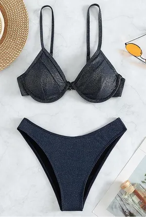 NWOT Navy Blue Shimmer Metallic Glitter Underwire Bikini Bathing Suit Set L thumbnail 1
