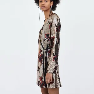ZARA Gold with Red & Black Floral‎ Sequins Crossover Wrap Mini Dress Size XS thumbnail 5