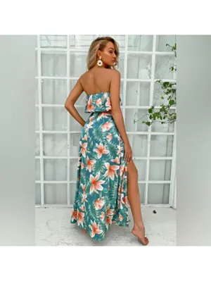 SheIn Green & orange Floral Strapless Vacation Dress thumbnail 2