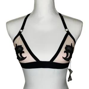 For Love & Lemons Skivvies Black Nude Floral Applique T Strap Bralette S NWT thumbnail 3