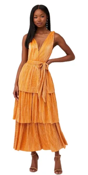 Sabina Musayev Alma Midi Dress in Mandarin Orange Pleated Tiered Small Like New thumbnail 1