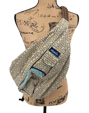 KAVU Rope Sling Backpack Geometric Print Adjustable Strap‎ Teal Tan Brown Travel thumbnail 1