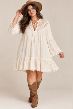 J.Gee Boho Crochet Lace Tiered Mini Dress Cream Bell Sleeve XL New thumbnail 1