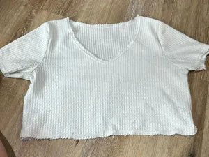 Waffle shirt tshirt v neck crop top - white thumbnail 1
