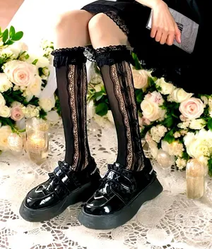 Retro Vintage Style Bow Accent Knee High Socks Flirty Ruffle Trim Soft Lace Calf thumbnail 1