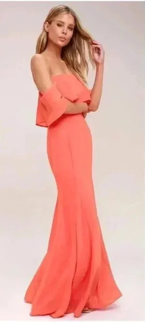 NWT Lulus All My Heart Coral Pink Off-the-Shoulder Maxi Dress Chiffon Sz L thumbnail 1