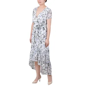 NWT Ny Collection Petite Short Sleeve High Low Hem Chiffon Dress Blue Floral PL thumbnail 3