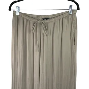 Zara Women's Beige Khaki High Waisted Drawstring Wide Leg Trousers Pants Size L thumbnail 4