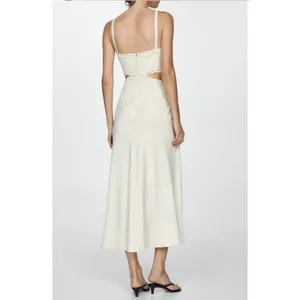 Mango Cutout Maxi Dress Women 2 Cream Scalloped Embroidered Trim Minimalist Boho thumbnail 3