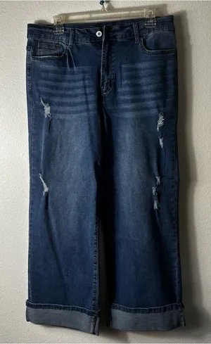 NWT IHTXUO Wide Leg Cropped Jeans XL Distressed Dark Wash Cuffed thumbnail 1
