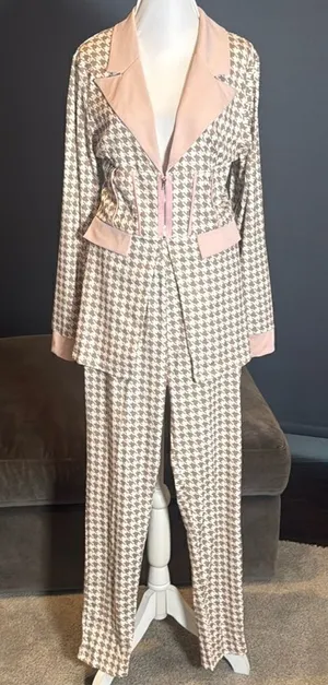Long Sleeve 2 Piece Houndstooth BodyCon Pantsuit Jacket & Pants Set *Size L READ thumbnail 1