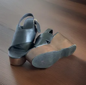 Patent Leather Black Platform Sandals with Faux Wooden Heel Size 6 thumbnail 2
