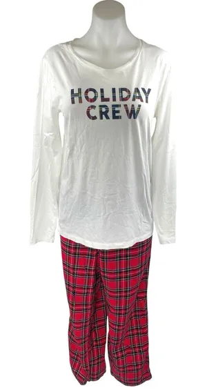 J.Crew White Red Holiday Crew Plaid Flannel Long Sleeve Sleepwear Pajamas Set M thumbnail 1