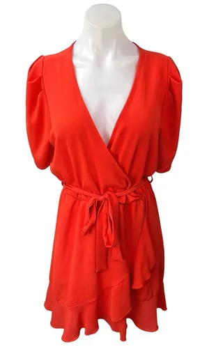 Aqua Women's Orange V-Neck Short Puff Sleeve Ruffle Belted Tie Mini Wrap Dress M thumbnail 1