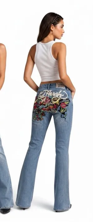 Ed Hardy Y2K Tattoo Snake Painted Tiger Koi Fish Oversized Wide Leg Jeans Sz 26 thumbnail 1