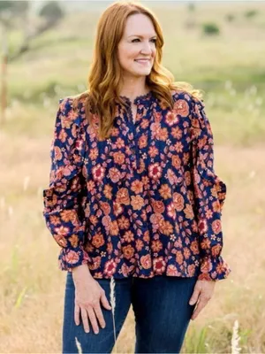 The Pioneer Woman XL Floral Pleated Ruffle Henley Blouse Boho NWT thumbnail 3