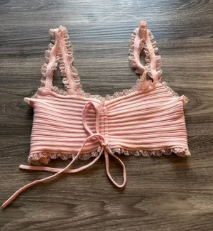 For Love & Lemons Pale Pink Ribbed Lace-Trim Tank thumbnail 1