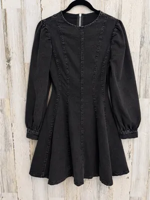 Black Acid Wash Denim Fit & Flare Mini Dress Puff Sleeve Size Small thumbnail 2