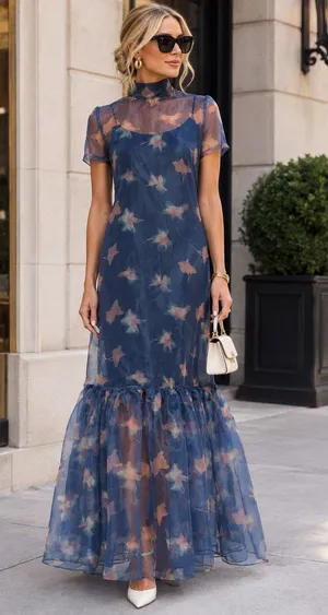 STAUD Botanical Navy Calluna Organza Mesh High Neckline Tie Back Gown size Small thumbnail 1
