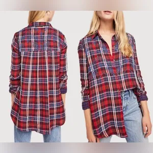 Free People Magical Plaid Boho Cottage Embroidered Cotton Button Down size small thumbnail 2