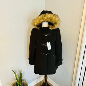 Cole Haan‎ Wool Blend Faux Fur Trim Hooded Coat, Brown, Size 4, NWT thumbnail 7