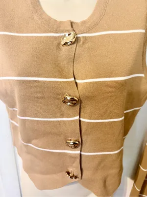 LA DIOSA L Khaki Stripe Knit Vest & Wide Leg Pants Set Gold Buttons NWT thumbnail 6