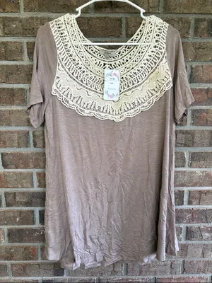 JODIFL Taupe Short Sleeve Tunic with Cream Crochet Yoke thumbnail 1