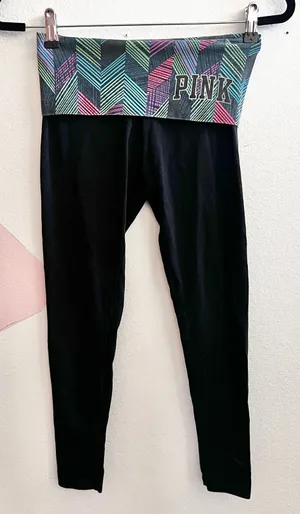 Victorias Secret PINK Black Logo Fold Over Leggings Y2K 2000s‎ Stretch Yoga XS thumbnail 1